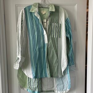 Anthropologie Blue and Green Striped Hi-low Tunic Shirt